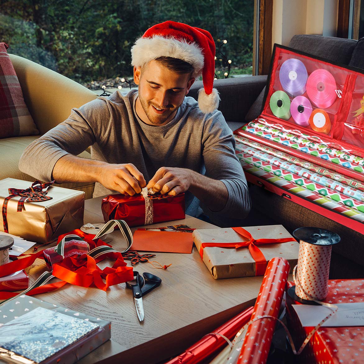 Primode Wrapping Paper Storage Container - Under Bed Gift Wrap Organizer for 30 Inch Rolls | 31”x13.5”x4.5” | 600D Oxford Fabric Storage Box with Pockets for Ribbon, Bows & Accessories (Red) | Perfect for Holiday Gift Wrapping, Birthday Parties & Craft Organization