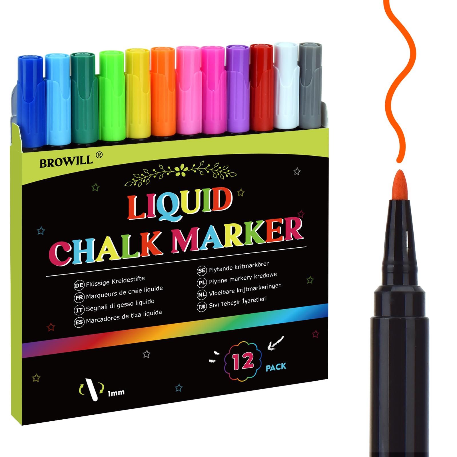 12 Pack Liquid Chalk Markers - 12 Vibrant Colors with 1mm Fine Tip for Acrylic Fridge Calendar, Chalkboard, Windows, Mirrors & Glass - Perfect for Home, Office, Classroom & DIY Projects