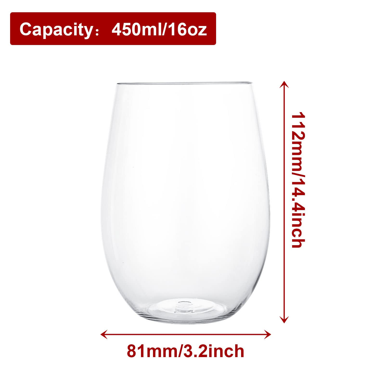 12-Pack Shatterproof Plastic Stemless Wine Glasses - 450ml Reusable Clear Cups for Wedding, Party, Picnics, Camping & Poolside - Perfect for Outdoor Entertaining & Travel