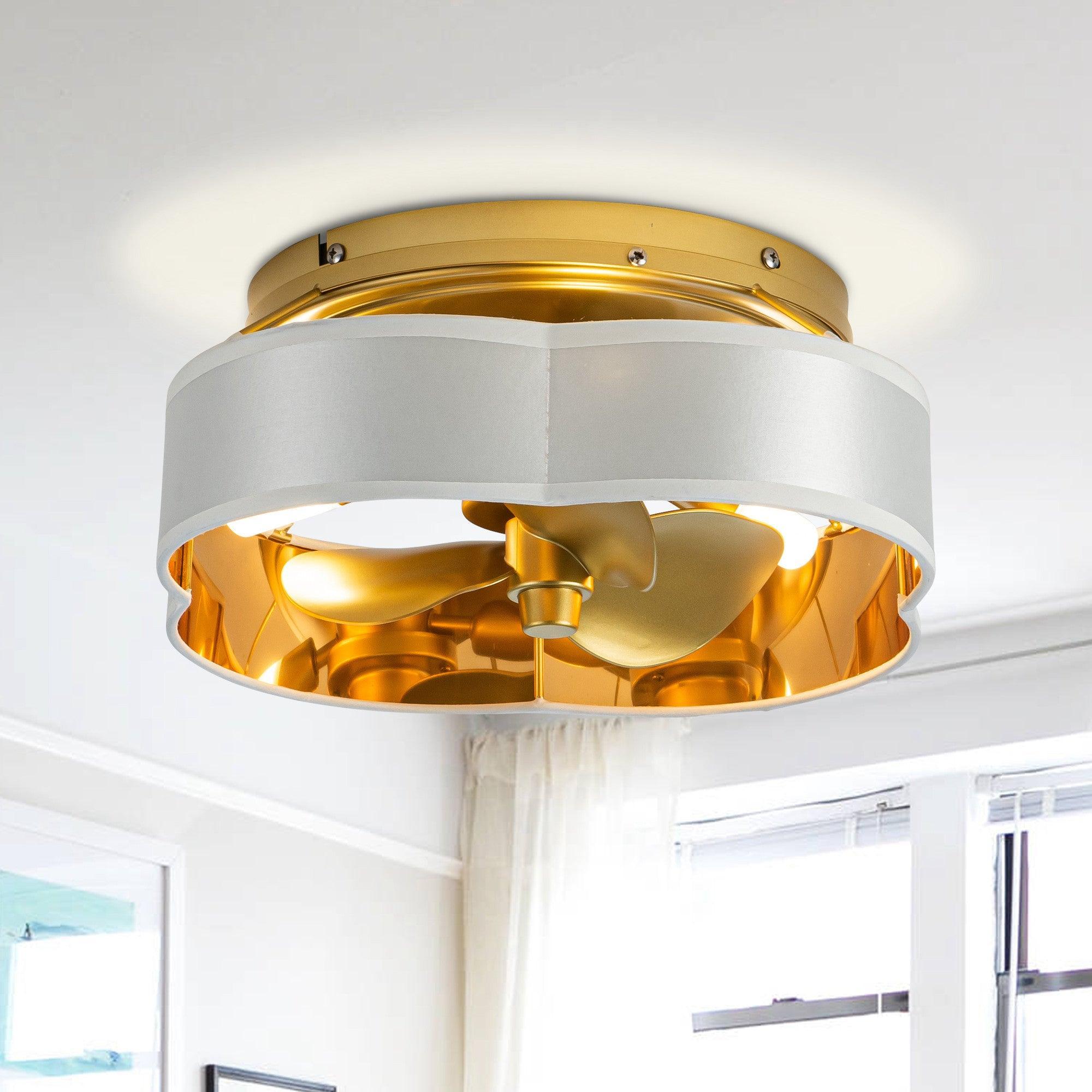13 Inch Gold Flush Mount Ceiling Fan with LED Light and Remote Control - Modern Low Profile Design for Bedroom, Living Room, and Office Spaces