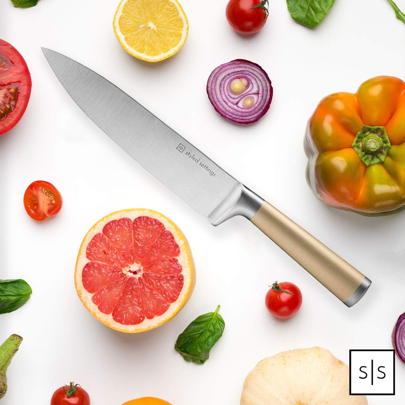 Premium 13-Piece Gold Knife Set with Walnut Block - Full Tang Stainless Steel Kitchen Knives - Durable Cooking & Food Prep Tools - Perfect for Home Chefs, Wedding Gifts & Kitchen Upgrades