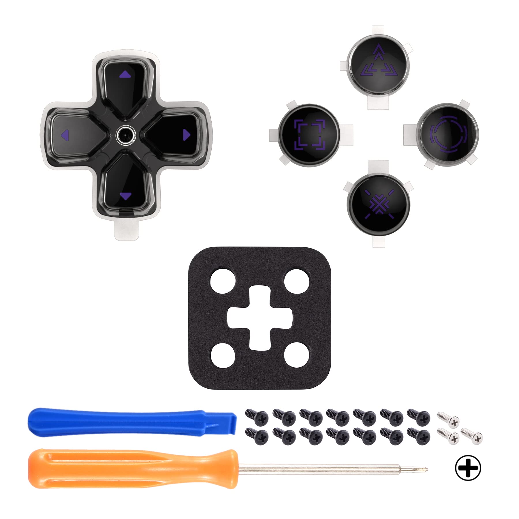 eXtremeRate Custom D-Pad & Action Buttons for PS5 Controller - Black & Clear with Purple Symbols | Enhanced Gaming Performance for FPS, Fighting & Racing Games