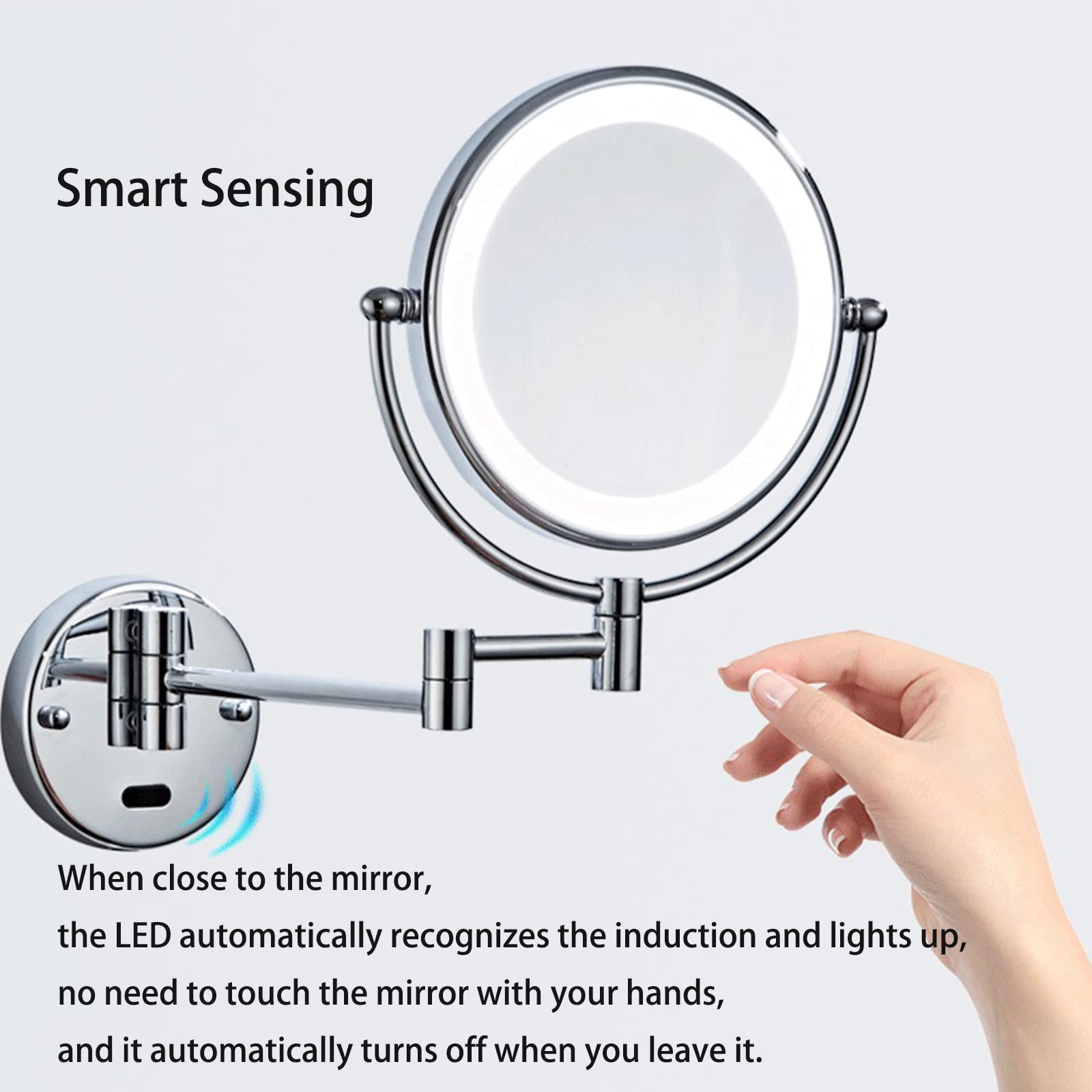 8 Inch Wall Mounted Double Sided 1X/10X Magnifying Makeup Mirror with LED Lights & Infrared Sensor - 360° Swivel Extendable Vanity Mirror for Bathroom, Shaving, Cosmetics Application | HD Black Hardwired Mirror for Perfect Grooming & Makeup