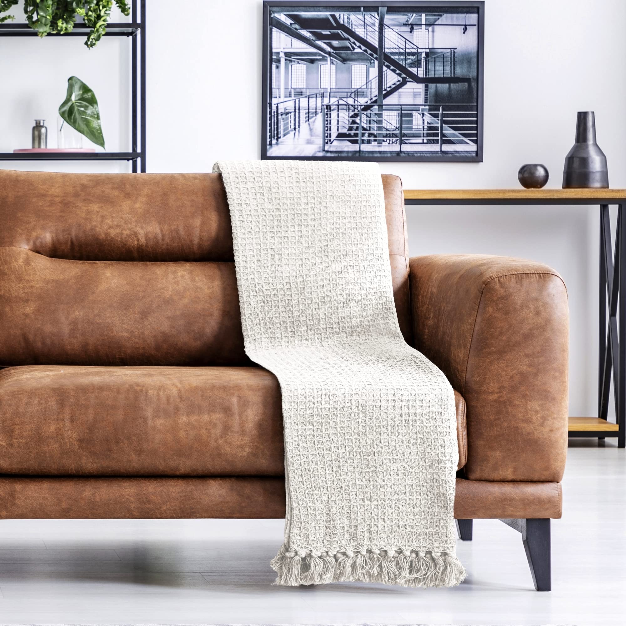Emma Barclay Honeycomb - Eco-Friendly Recycled Cotton Waffle Weave Throw Blanket for Sofa, Chair & Settee - Ivory Cream - 50x60 Inches (127x152cm) - Perfect for Living Room, Bedroom & Cozy Home Decor