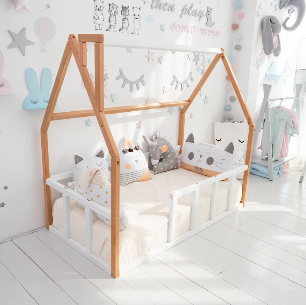 BUSYWOOD Montessori Kids House Bed - Toddler Floor Bed Frame in Twin, Full & Queen Sizes | Natural Wood & White Finish | Safe Sleep Solution for Daytime Naps & Bedtime | Perfect for Montessori Bedrooms & Playrooms