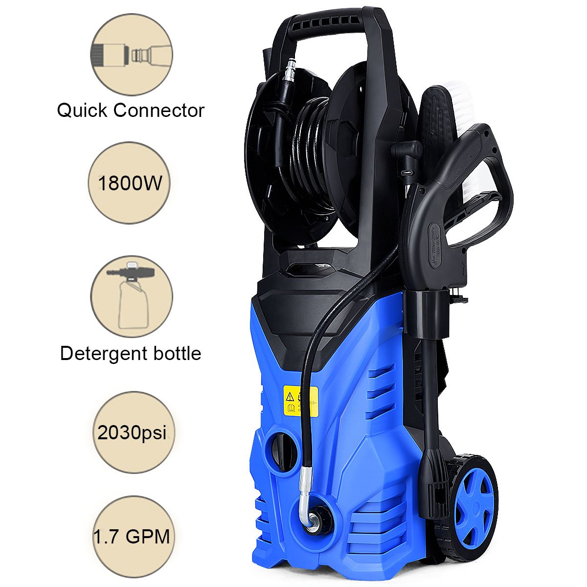 Happygrill 2030PSI Electric Pressure Washer - 1.6GPM High Power Pressure Sprayer with 16.5ft Hose, Wash Brush & Soap Bottle - 1800W Heavy Duty Cleaner for Driveway, Deck, Patio, Car Washing & Outdoor Cleaning
