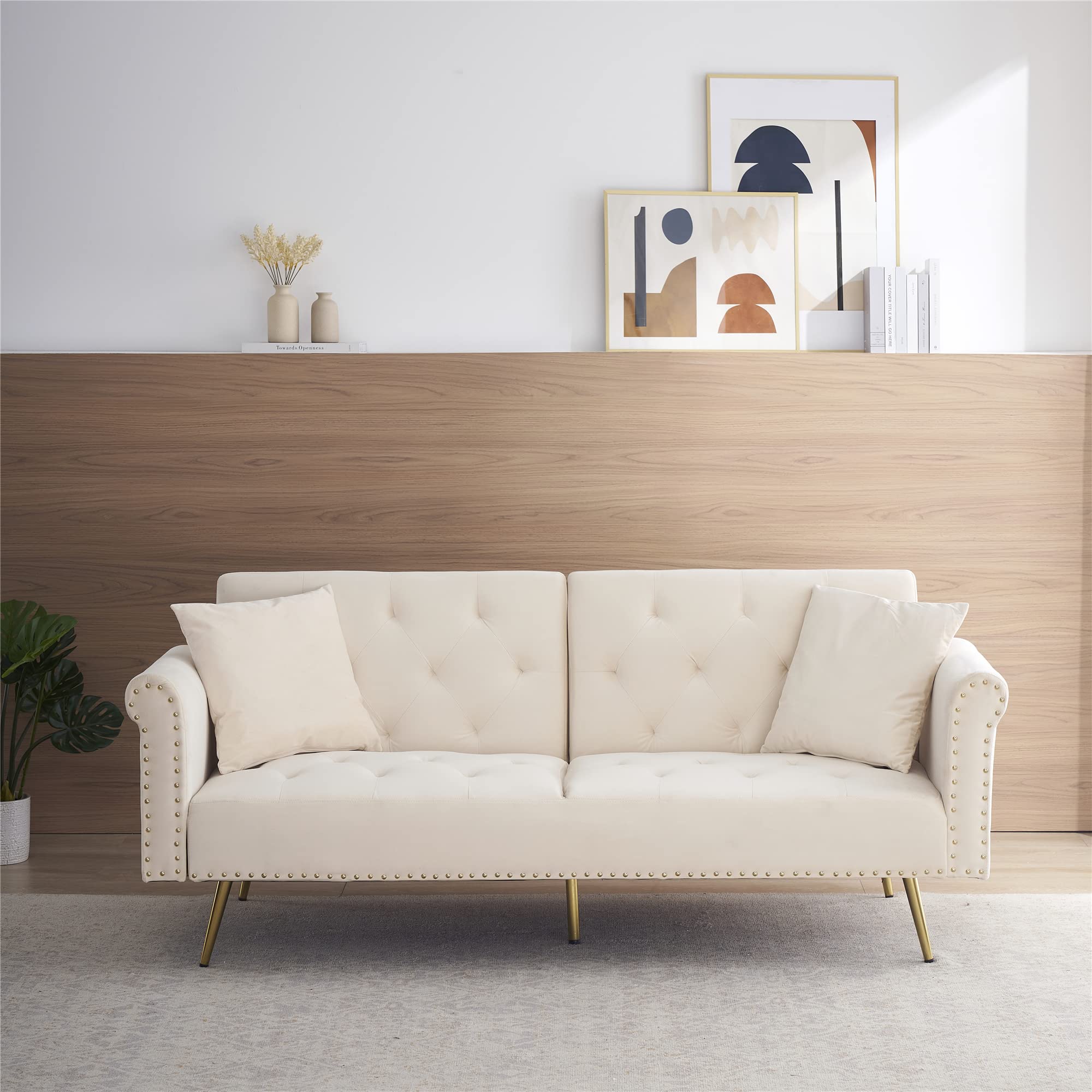 Convertible Velvet Loveseat Sofa Bed with Nail Head Trim & 2 Pillows - Modern Upholstered Sleeper Couch for Living Room, Bedroom & Home Office - Beige Velvet Futon Sofa for Small Spaces, Guest Rooms & Apartments