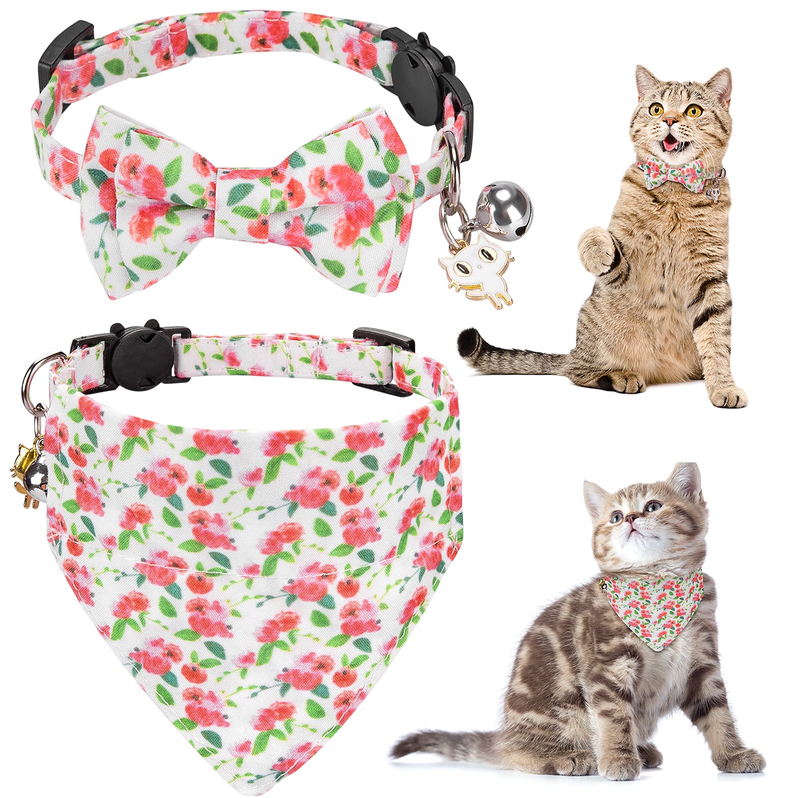 Premium Breakaway Cat Collars with Bow Tie & Bell - Adjustable Kitten Collar for Male & Female Cats - Personalized Flower Bandana Collar for Indoor & Outdoor Safety - Perfect for Grooming, Photos & Daily Wear