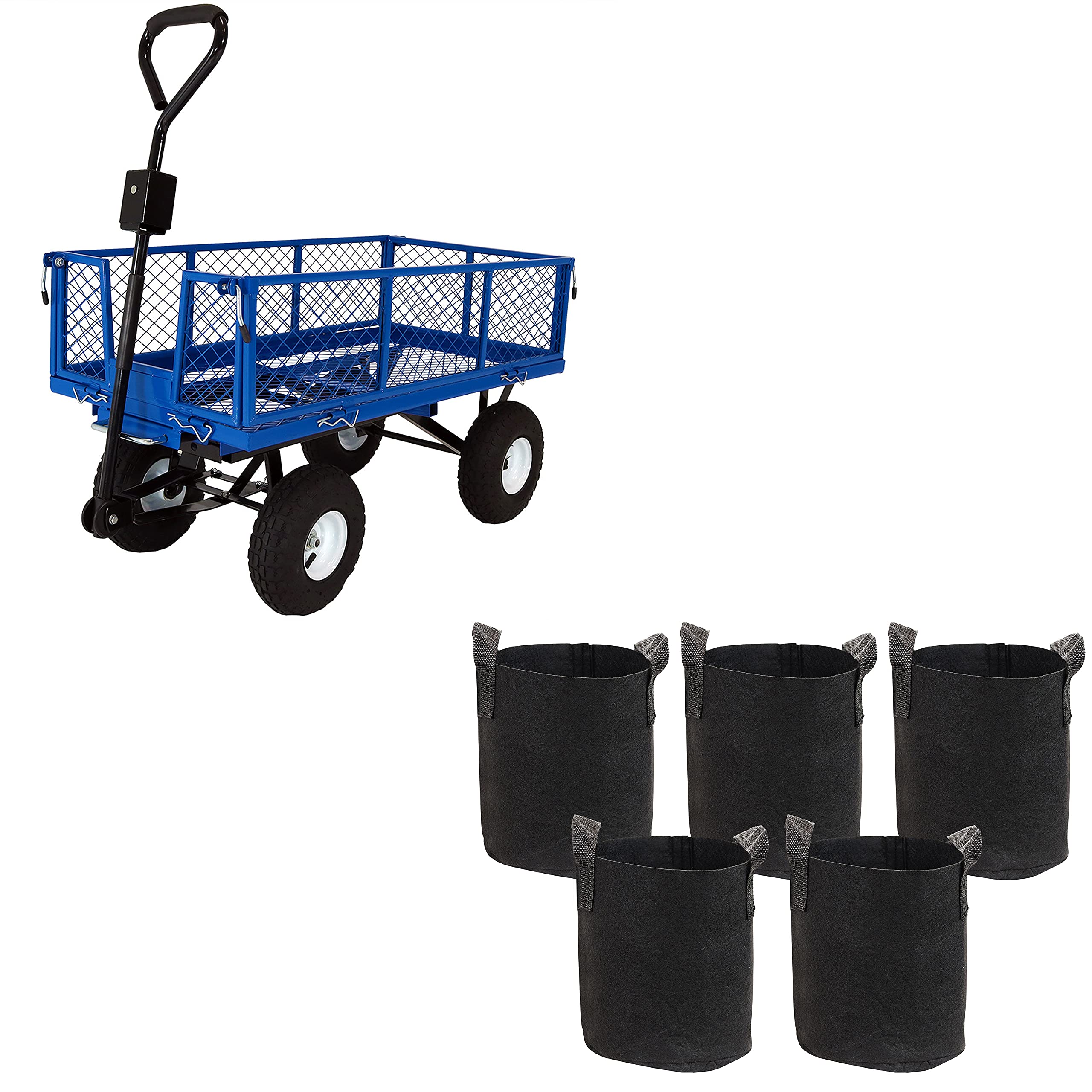 Heavy-Duty 660-Pound Capacity Steel Utility Dump Cart with Removable Sides & 5-Pack 2-Gallon Garden Grow Bags - Perfect for Yard Work, Landscaping, Compost Transport, and Plant Cultivation