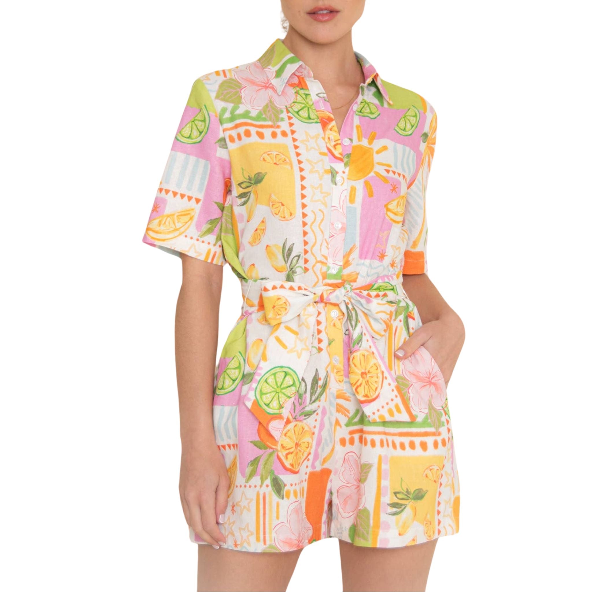 Vintage Citrus Fruit Print Romper - Retro 70s Style Jumpsuit for Women, Summer Casual Outfit, Beach Party & Music Festival Fashion