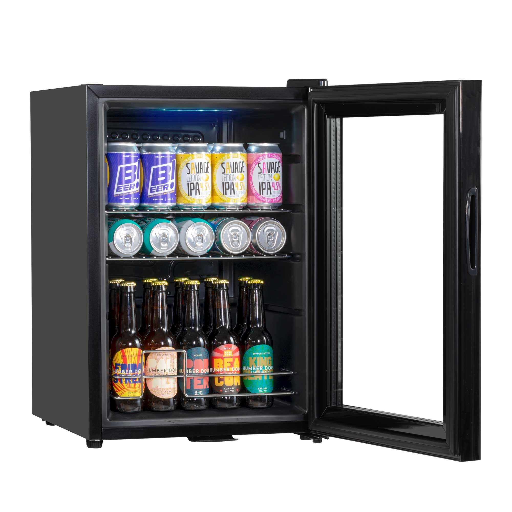 Baridi 60L Beer & Drinks Refrigerator with LED Light - Black Glass Door Mini Fridge for Home, Office, Bar & Party | Energy Efficient Beverage Cooler DH62