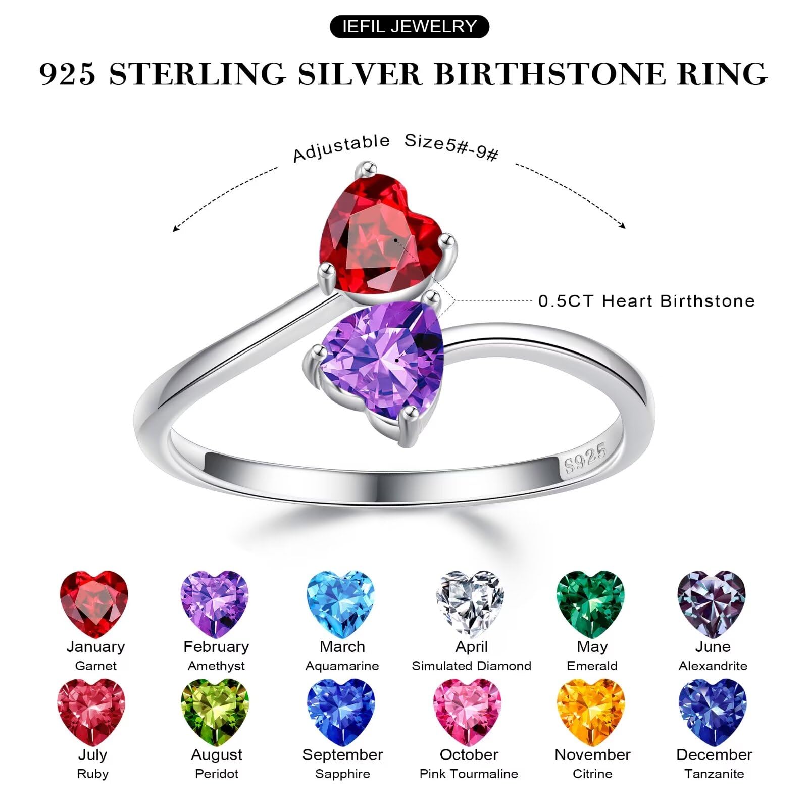 Iefil Adjustable Birthstone Rings for Women - 925 Sterling Silver Double Birthstone Rings, Anniversary Birthday Gifts for Women, Personalized Jewelry Gifts for Wife Mom Girlfriend - Perfect for Valentine's Day, Mother's Day, and Special Occasions