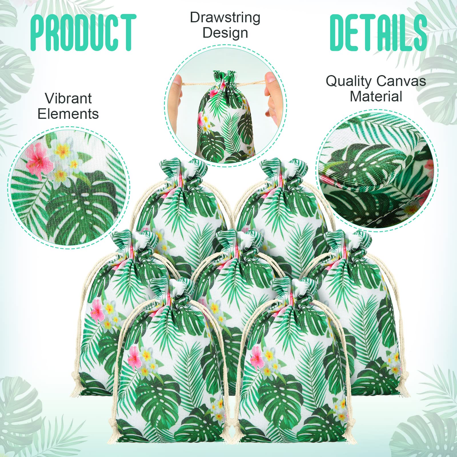 36 Pcs Hawaiian Tropical Gift Bags 4x6 Inch - Small Luau Party Favor Bags with Drawstring - Summer Palm Leaf Treat & Jewelry Pouches for Luau Birthday, Beach Party, Bridal Shower & Tropical Themed Events