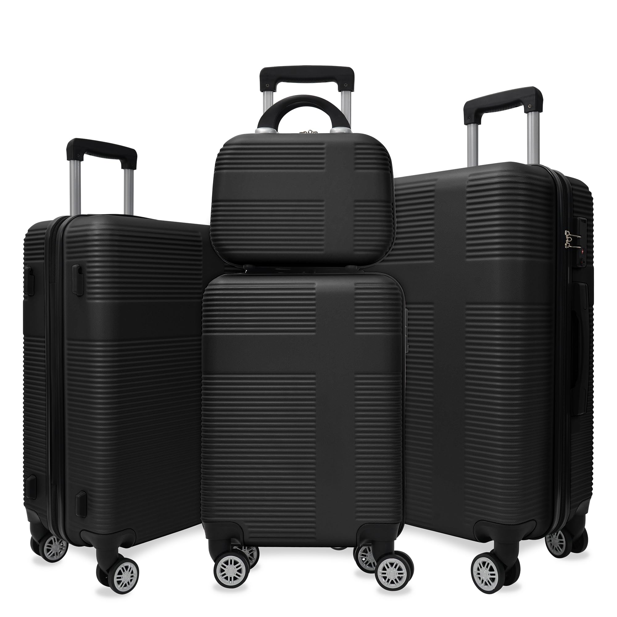 HOUAGI 4-Piece Hardside Luggage Set with Spinner Wheels & TSA Locks - Lightweight Suitcases for Men & Women (12in, 20in, 24in, 28in) Black - Perfect for Travel, Business Trips & Vacations