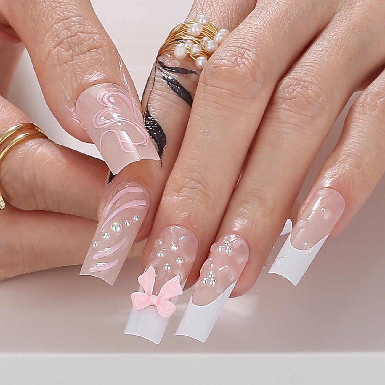 Cute Long Press On Nails Square Fake Nails - 24pcs 3D Gel Heart & Pink Bow French Design Acrylic Full Cover False Nails for Women | Perfect for Parties, Weddings & Daily Wear
