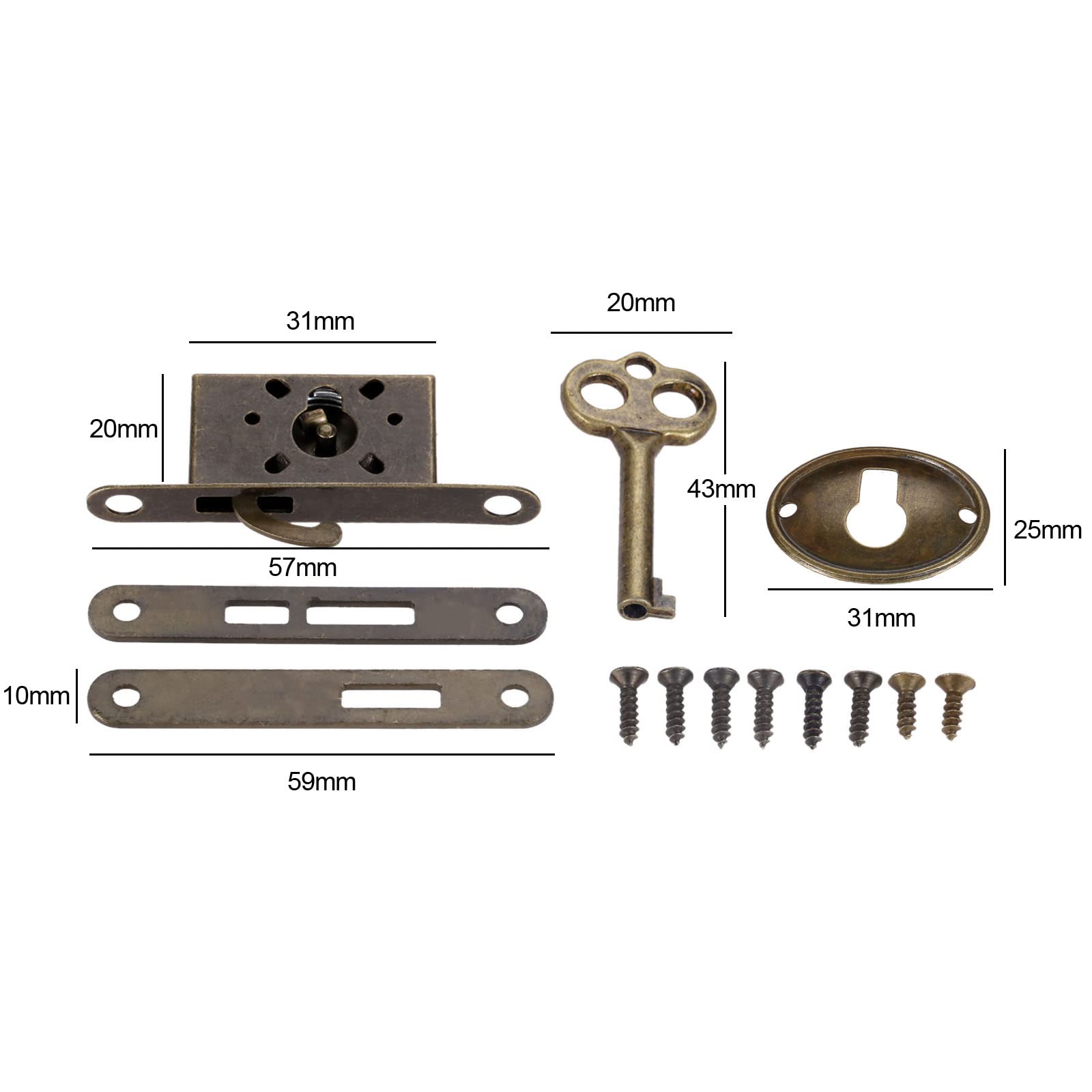 Antique Bronze Full Mortise Mini Decorative Locks with Key - 1 Set for Furniture Drawers, Wardrobes, Cabinets & Jewelry Boxes - Vintage Style Replacement Lock for Home Decor & Security