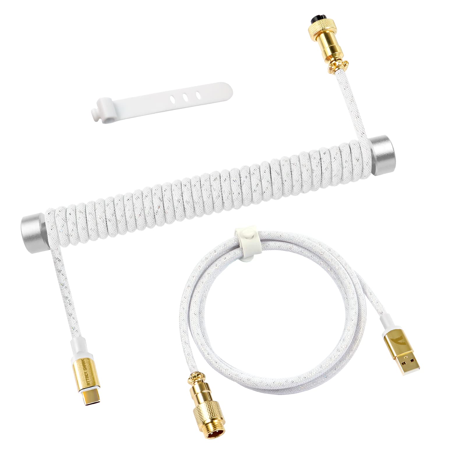 Attack Shark Coiled USB-C Keyboard Cable with Metal Winder - for Gaming & Mechanical Keyboards - White