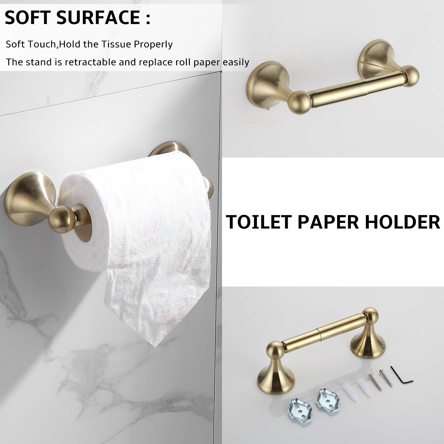 Brushed Brass Bathroom Hardware Set - 4-Piece Adjustable Expandable Towel Bar, Towel Ring, Robe Hook & Toilet Paper Holder - Wall Mounted Bathroom Accessories for Modern & Luxury Home Decor