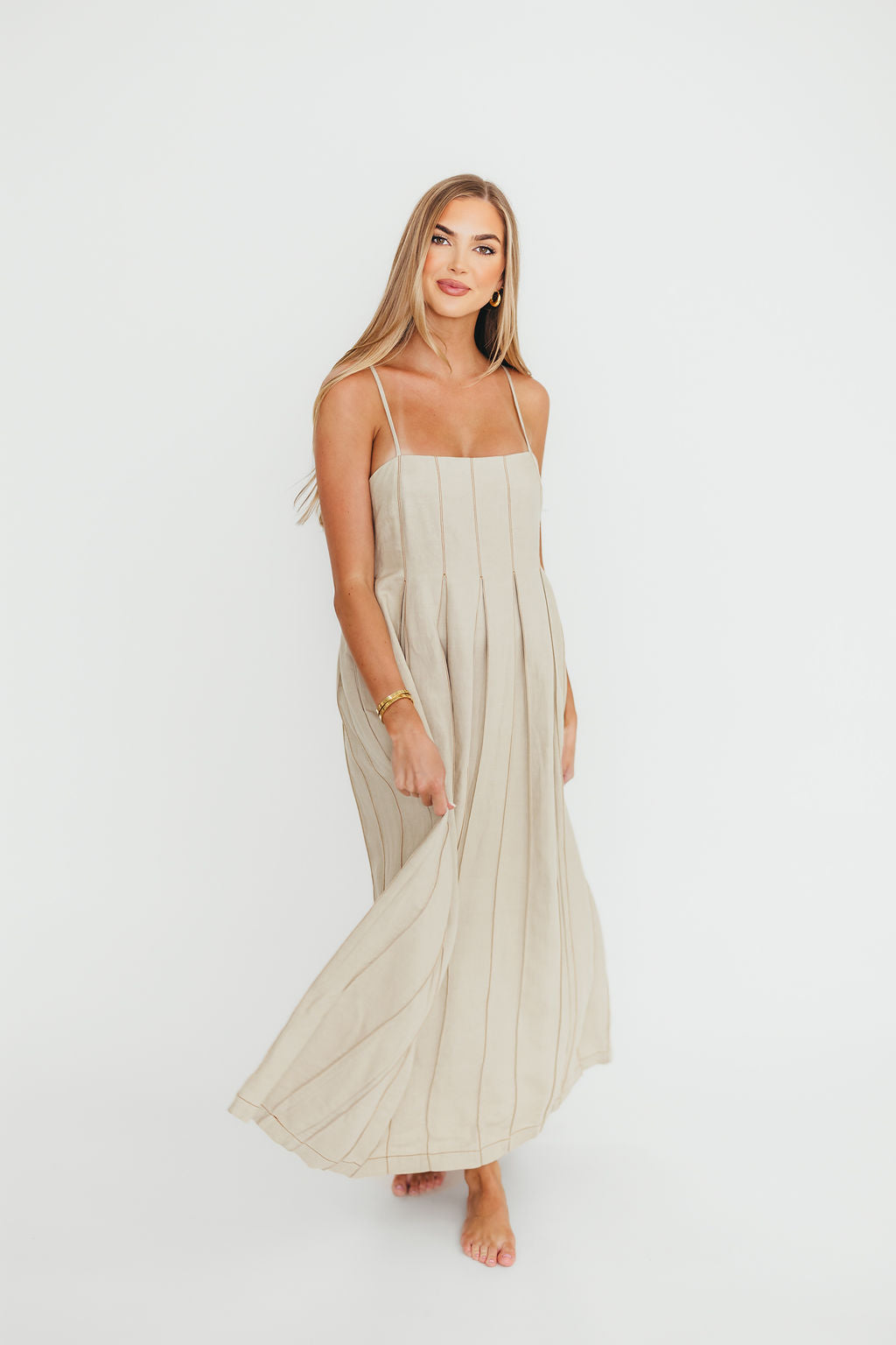 Mei Linen Stitch Maxi Dress in Khaki - Women's Boho Summer Beach Dress for Vacation, Wedding & Casual Outings