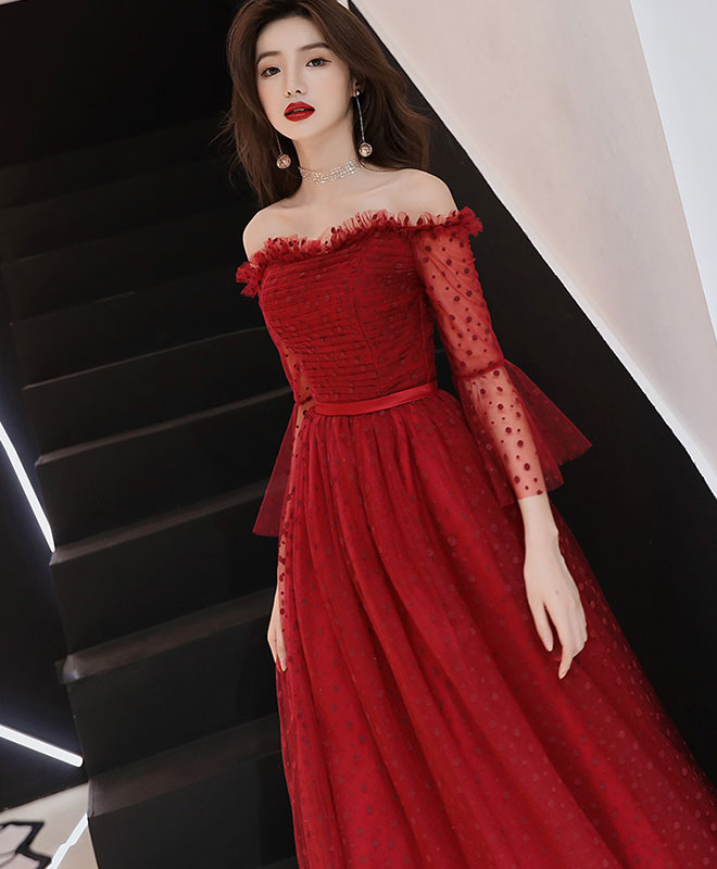 Elegant Burgundy Tulle Lace Tea-Length Prom Dress | A-Line Evening Gown for Homecoming, Wedding Guest & Formal Events