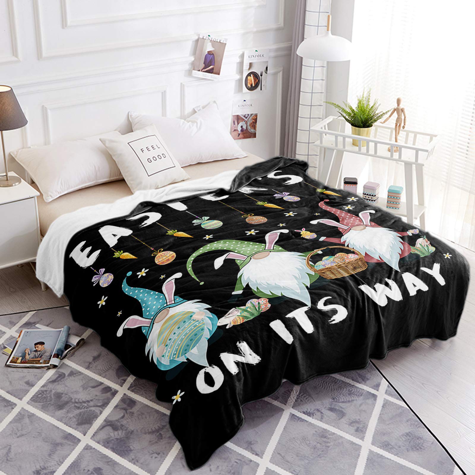 Happy Easter Gnomes & Eggs Carrot Throw Blanket - Soft Fuzzy Microfiber Luxury Bed Cover for Couch, Sofa, Chair - Perfect for Travel, Camping, Stadium & Home Decor - Black