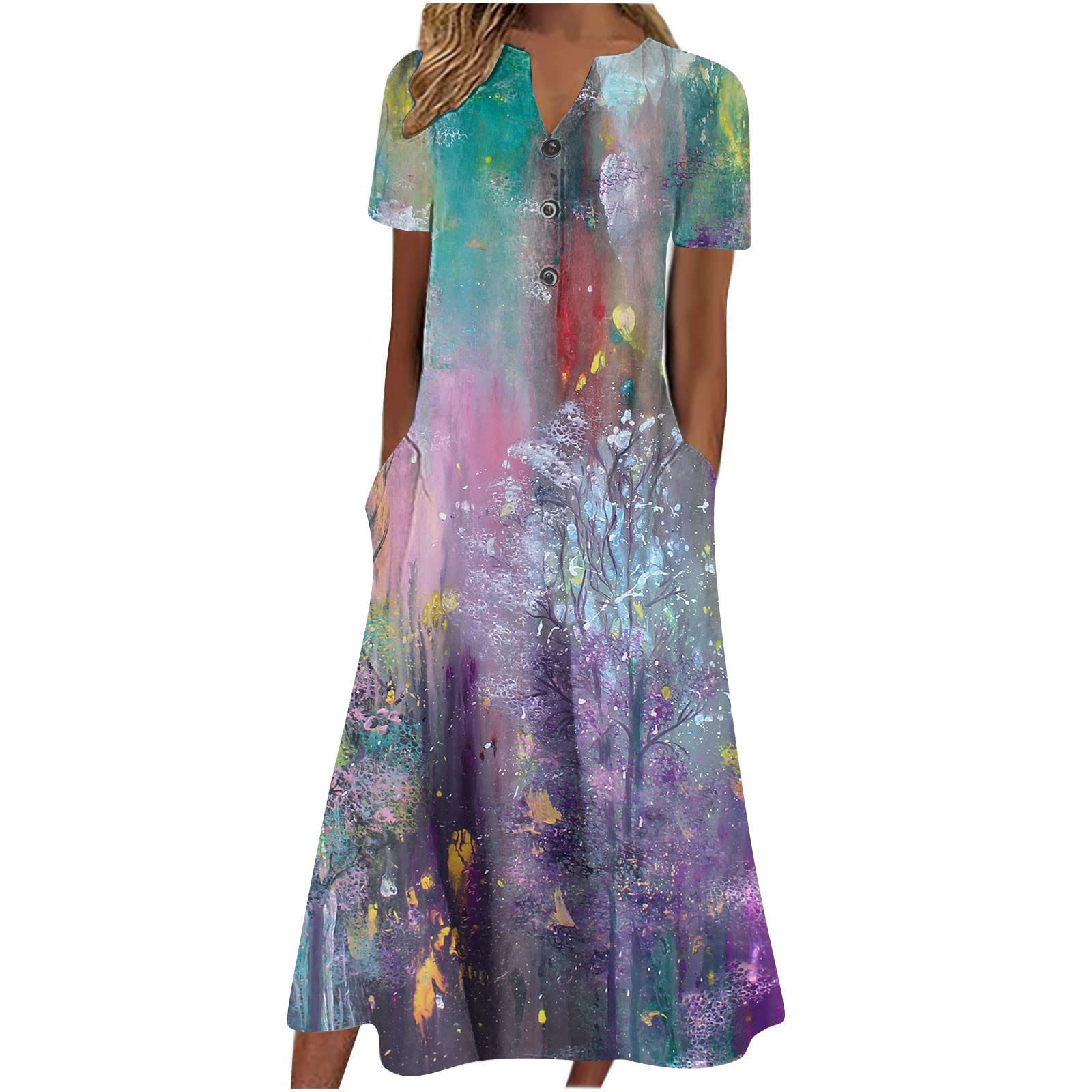 2023 Women's Summer Dresses - Casual V-Neck Button Down Short Sleeve Printed Swing Dress with Pockets | Trendy Tunic Activewear for Vacation, Cocktail Party, Work, Wedding & Formal Occasions