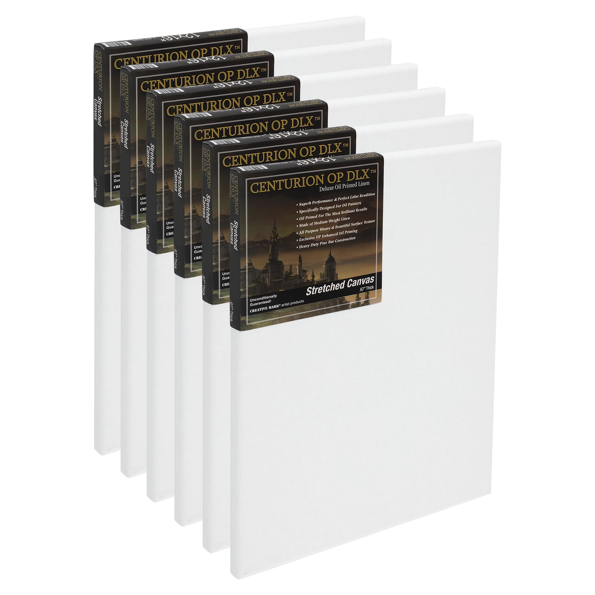 Centurion Deluxe Professional Oil Primed Linen Stretched Canvas - 11oz Premium Medium Weight Linen, 18x24 Inches (Box of 6) - Kiln-Dried Stretchers, 0.67