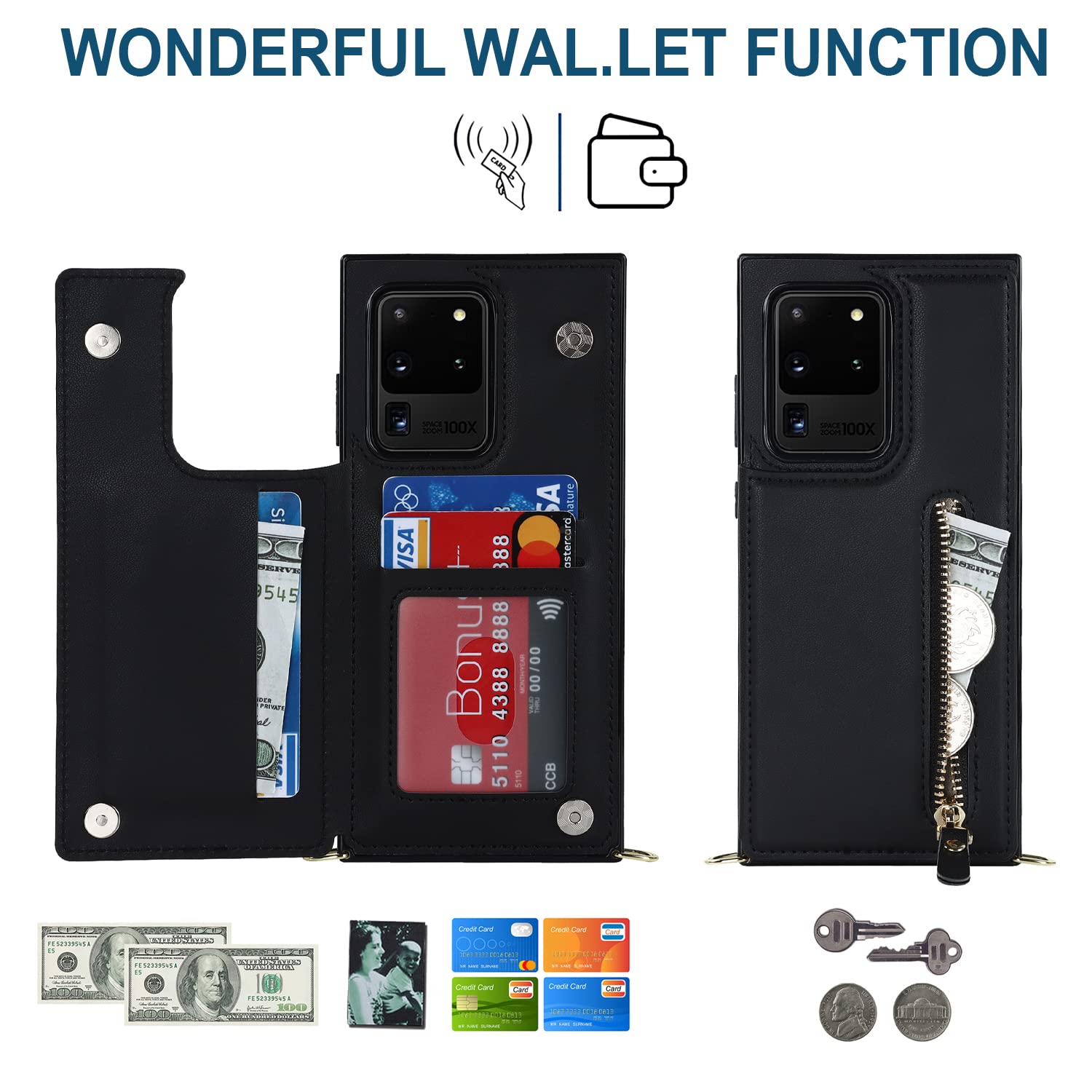 RFID Blocking Crossbody Wallet Case for Samsung Galaxy S20 Ultra - PU Leather Magnetic Flip Folio Purse with Detachable Lanyard & Card Slots | Perfect for Travel, Shopping & Daily Use (Black)
