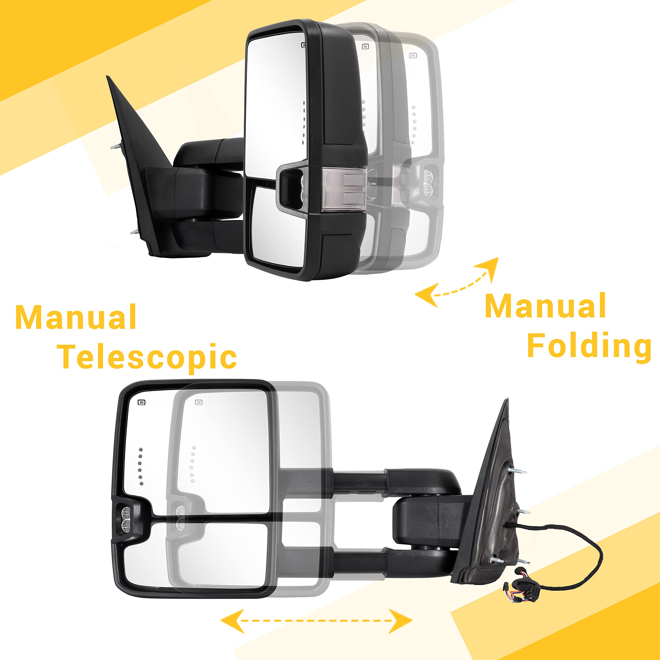 2014-2018 Chevy Silverado & GMC Sierra 1500/2500/3500 HD Towing Mirrors with Switchback LED Lights, Turn Signals, Running Lights, Power Glass & Heated Backup Lamps - Perfect for Night Towing, Off-Roading & Heavy-Duty Work