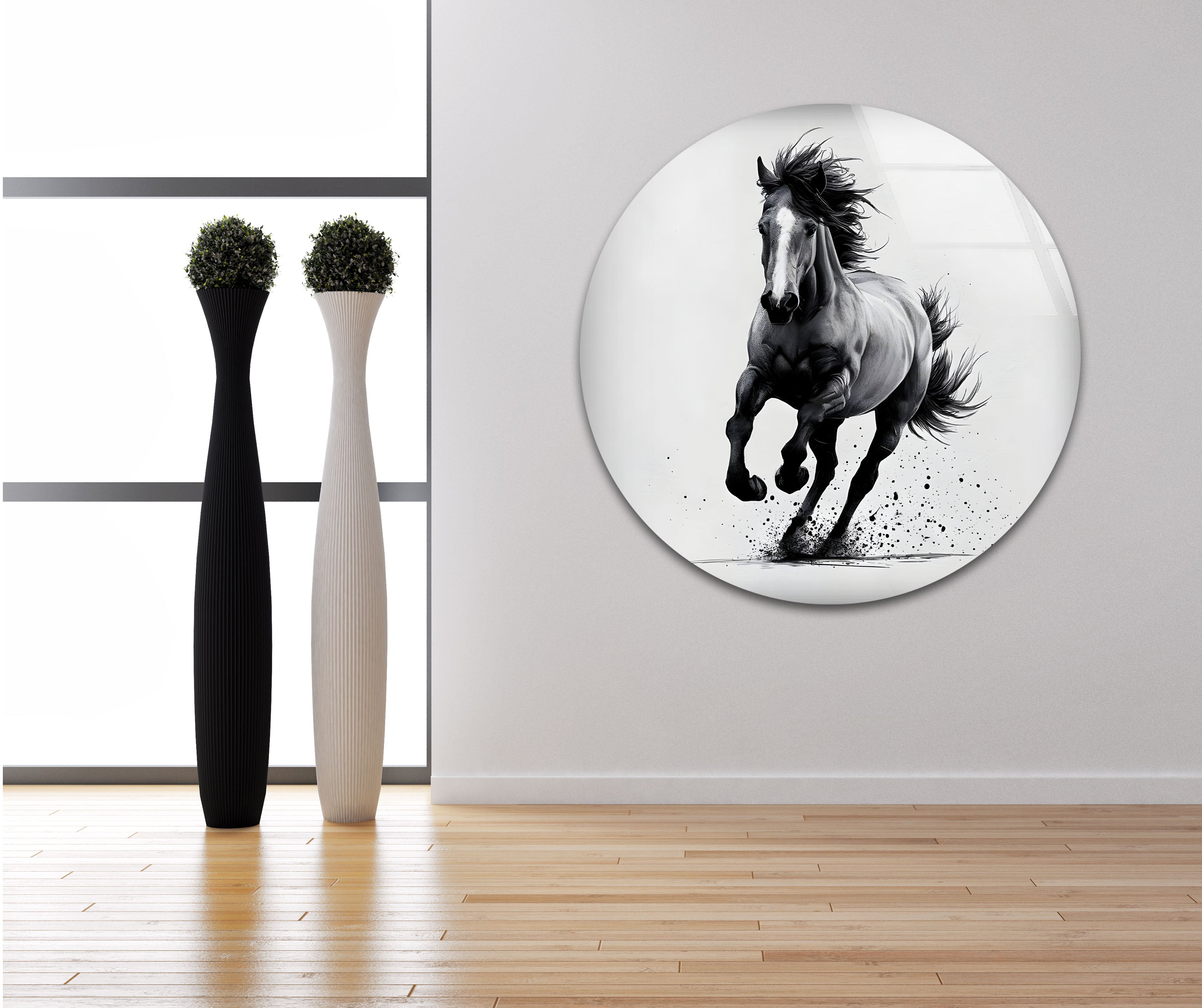 Elegant Black and White Running Horse Glass Wall Art - Modern Home Decor for Living Room, Bedroom, or Office