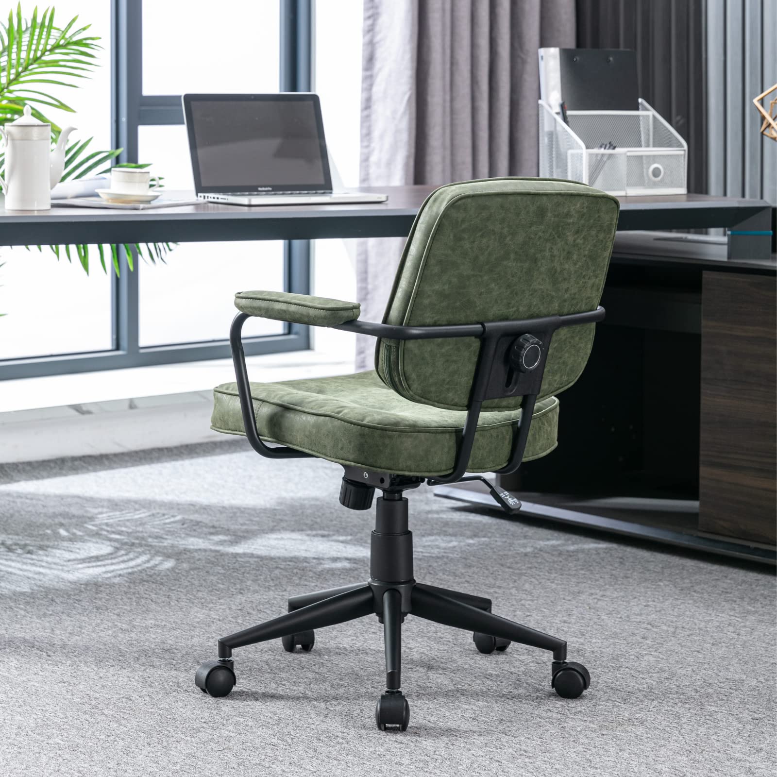LukeAlon Adjustable PU Leather Tiltable Office Chair - 360° Swivel Ergonomic Task Chair with Armrests, Thickened Seat & Button Tufted Design for Home Office (Green) - Perfect for Workspaces, Gaming & Study Rooms