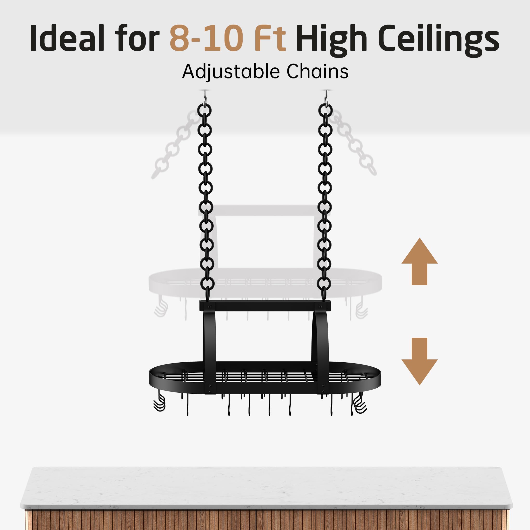 34-Inch Oval Matte Black Ceiling Pot Rack with 20 S-Hooks - Heavy Duty Kitchen Storage for Pots & Pans - Fits 16