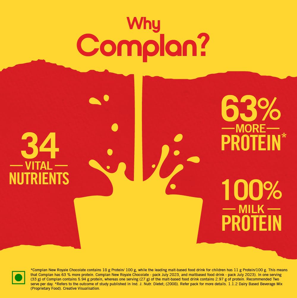 Complan Royale Chocolate Nutrition Drink Powder for Kids - 500g Jar | High Protein & 34 Essential Vitamins for Child Growth | Perfect for School Lunchboxes & After-School Snacks
