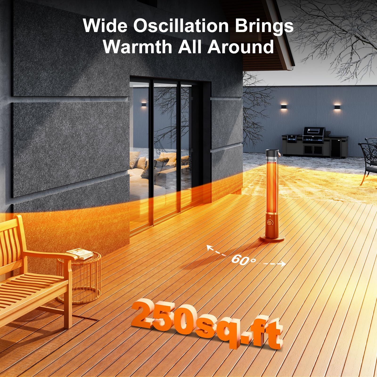 1500W Infrared Electric Heater for Patio & Indoor Use - Remote Control, 60° Oscillation, 9H Timer, 9 Heat Levels - Overheating & Tip-Over Protection with Safety Lock - Perfect for Garage, Porch, Gazebo, Living Room & Office