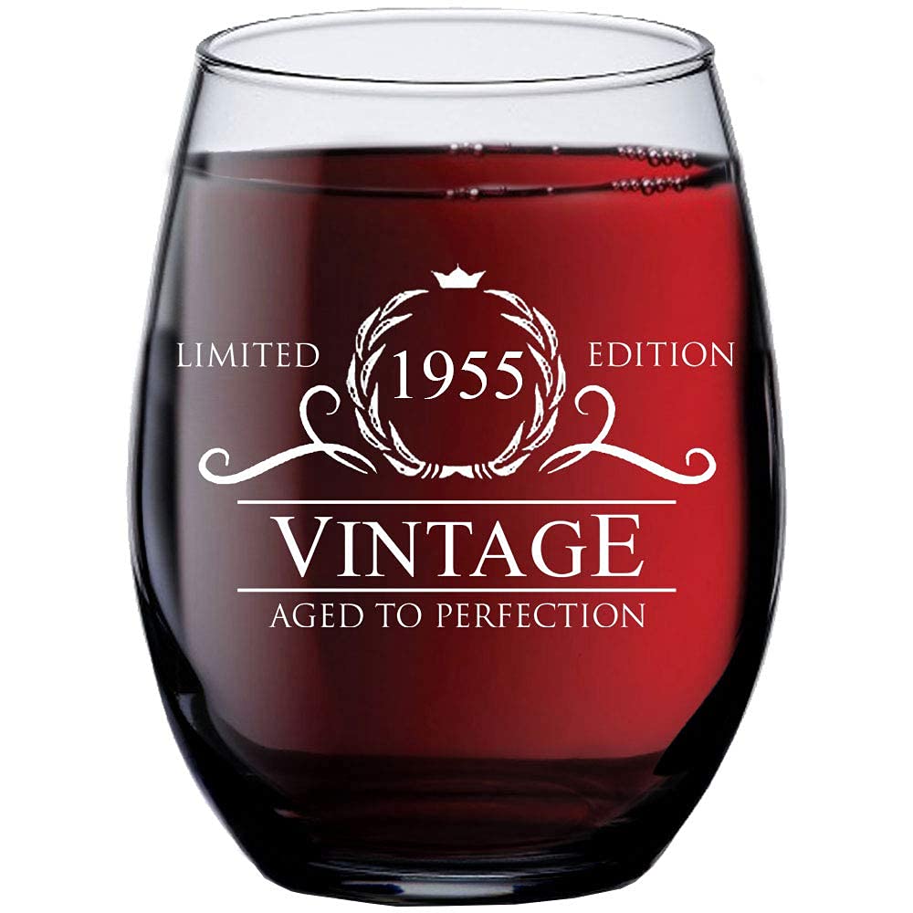 1955 Vintage 15 oz Stemless Wine Glass - Unique Birthday & Anniversary Gift for Wine Lovers - Perfect for Men & Women - Ideal for Parties, Weddings & Special Occasions