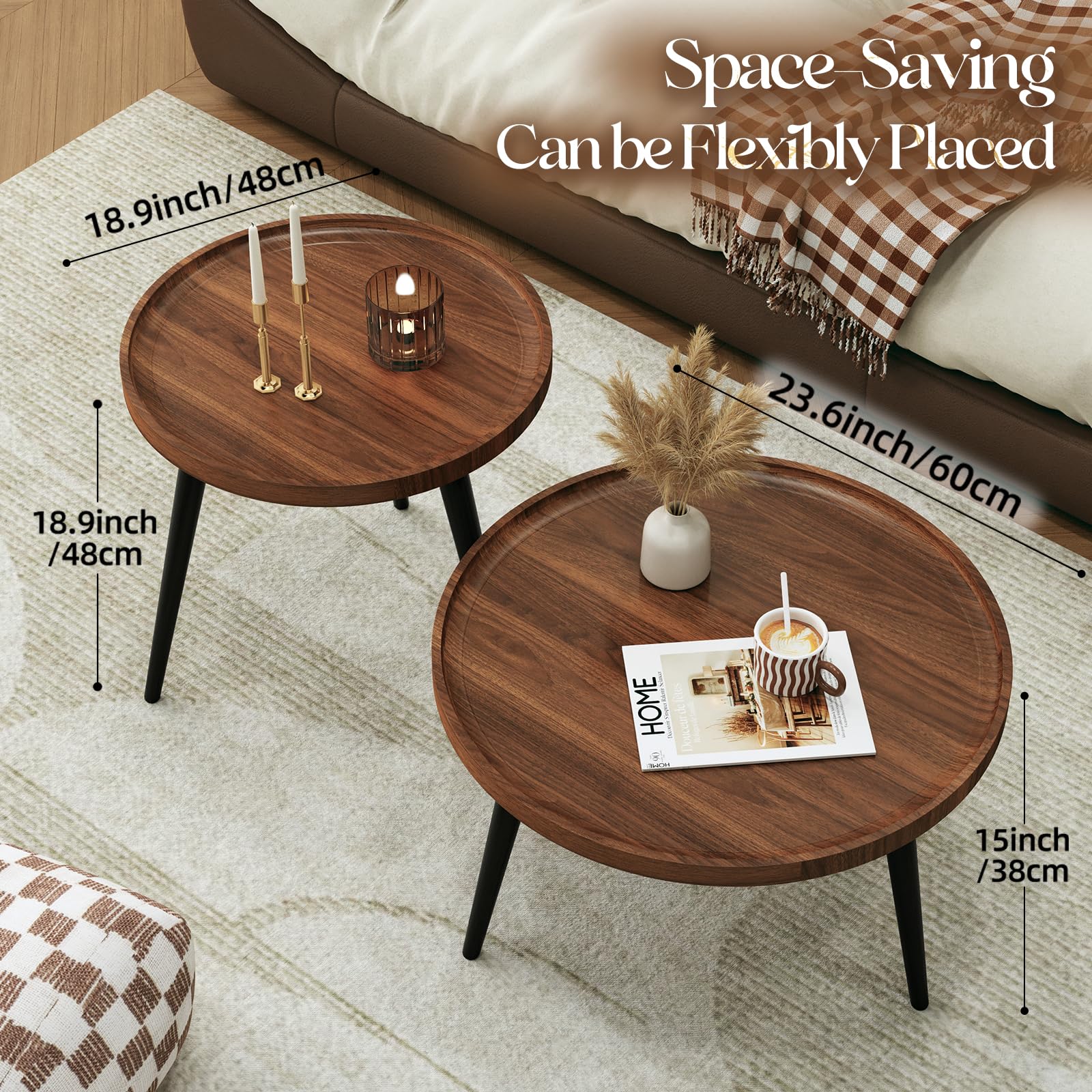 2 Pcs Mid Century Modern Round Coffee Tables - Easy Assembly Nesting Tables for Living Room, Bedroom, Office, Balcony & Yard - Minimalist Walnut Circle Coffee Tables for Home Decor & Small Spaces