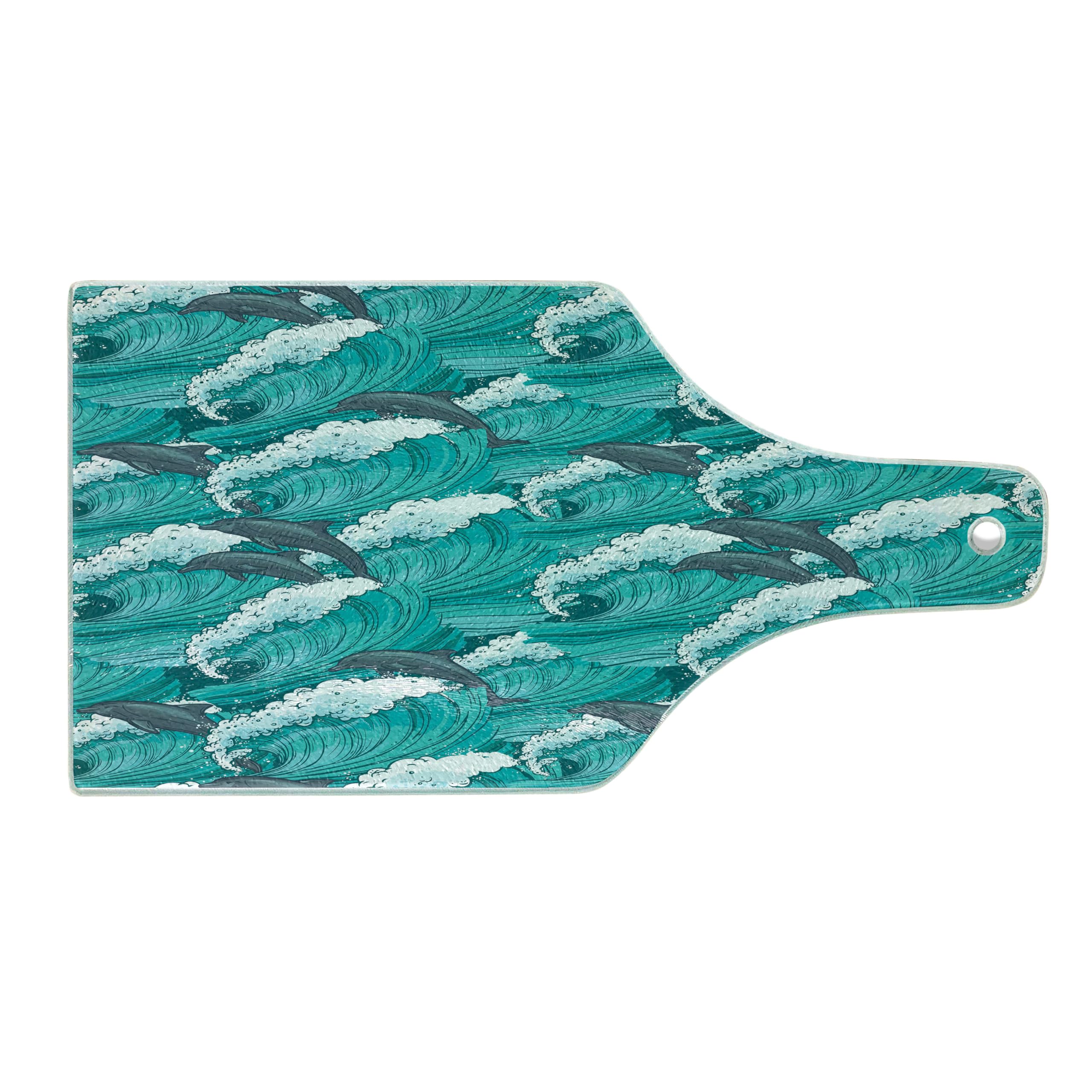Ambesonne Sea Animals Cutting Board - Wavy Ocean with Dolphins Windy Surfing Doodle Style Art Print - Tempered Glass Serving Board for Kitchen & Entertaining - Wine Bottle Shape in Charcoal Grey Teal White - Perfect for Cheese Platters, Charcuterie & Wine Pairings