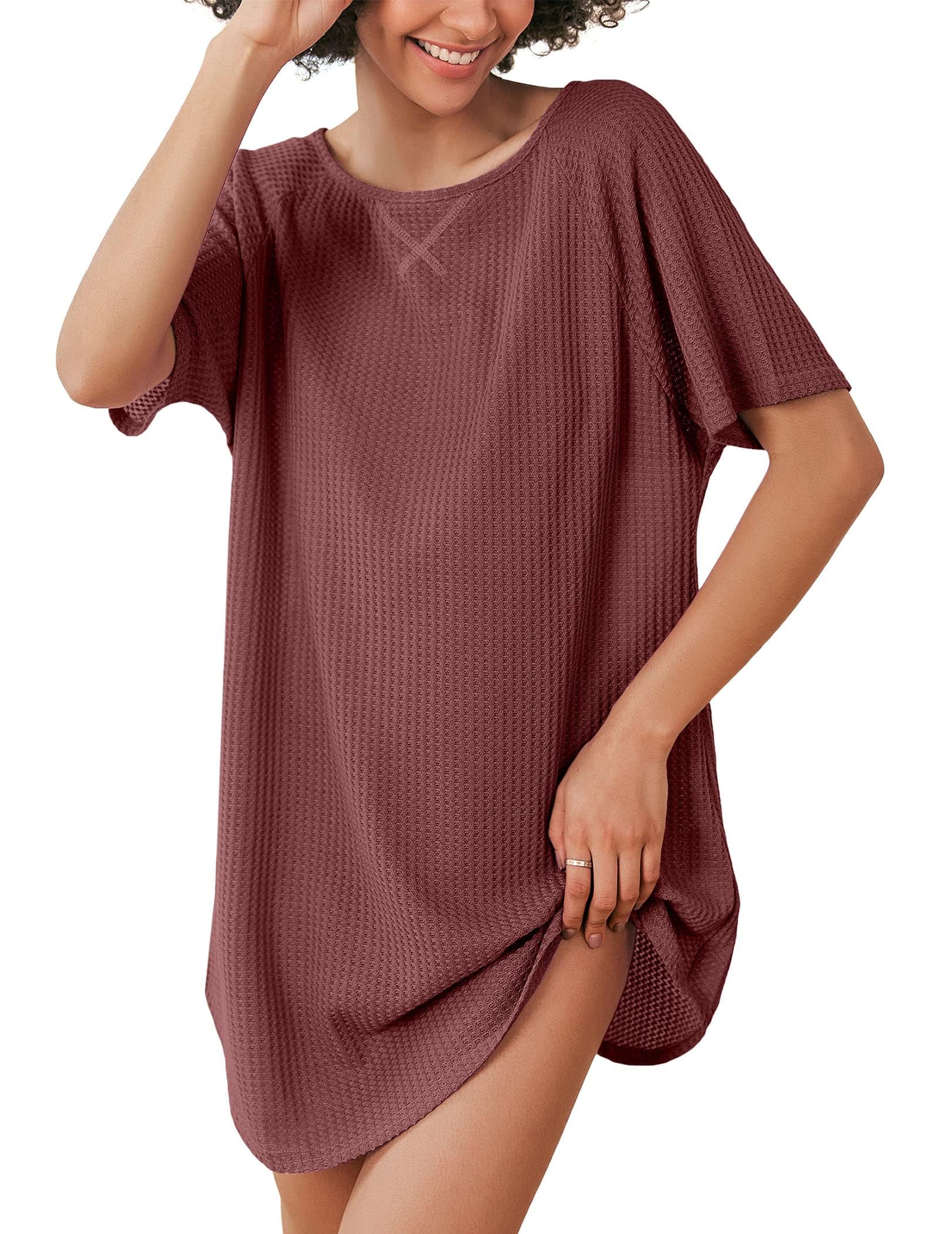 Ekouaer Women's Waffle Knit Short Sleeve Sleepshirt - Soft Casual Nightgown & Lounge T-Shirt for Sleeping, Homewear, and Comfortable Cover Ups