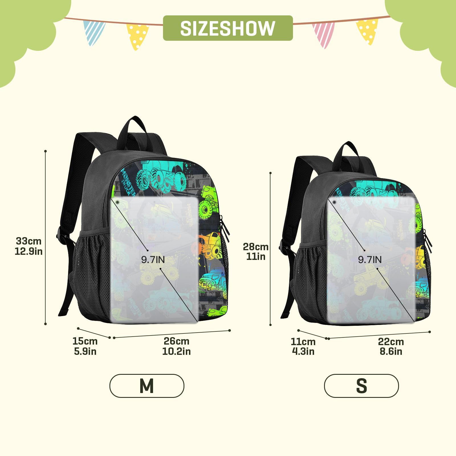 Waterproof Monster Truck Toddler Backpack for Boys & Girls - Cute Small Kindergarten Preschool Bag (Size S) - Perfect for Daycare, Travel & Outdoor Adventures