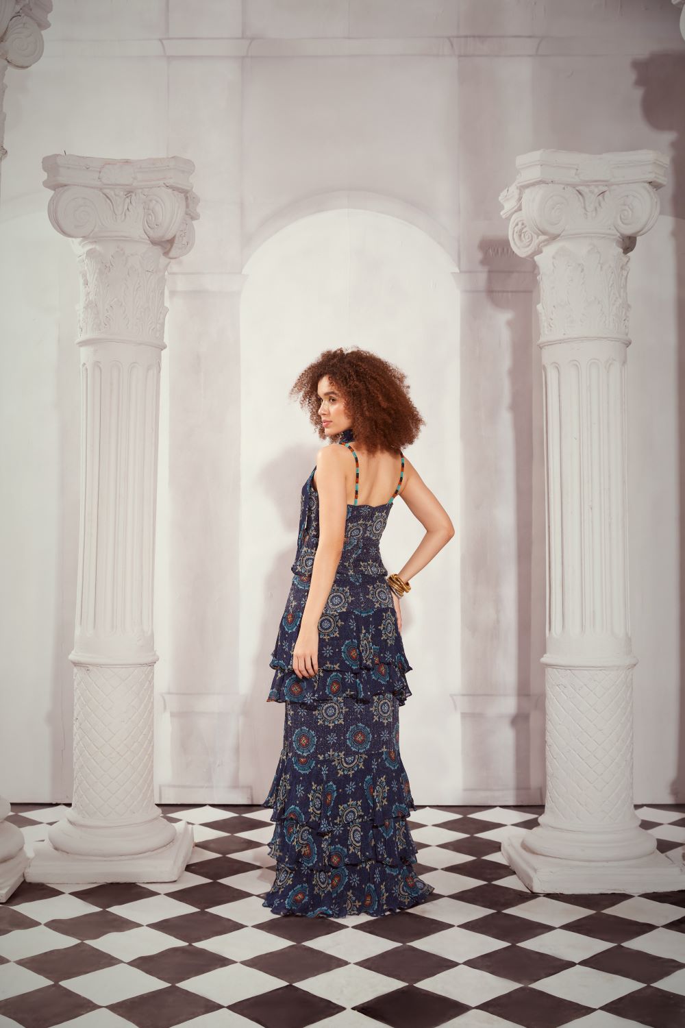 Blue Mosaic Print Layered Maxi Dress with Detachable Neck Scarf - Boho Chic Summer Beach Dress for Women, Perfect for Vacations, Parties & Outdoor Events