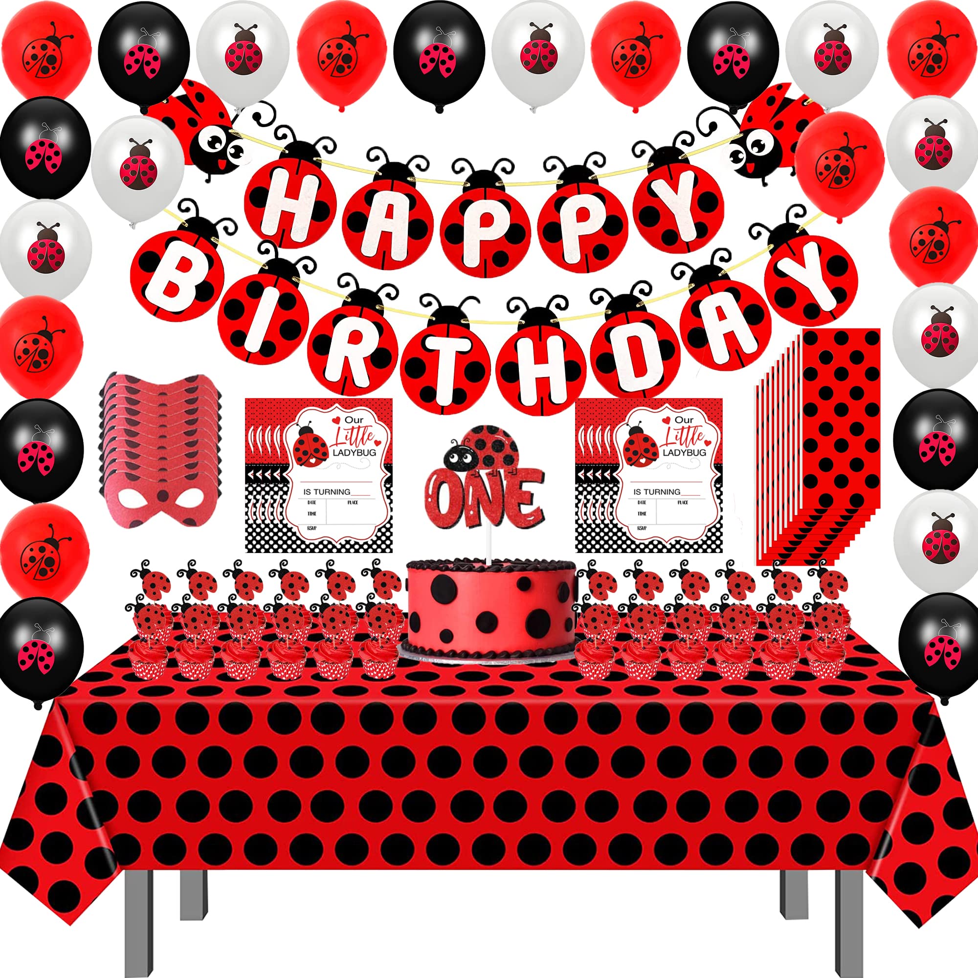 151Pcs Ladybug Birthday Party Decorations Kit for Girls & Adults - Balloons, Cake Topper, Cupcake Toppers, Stickers, Party Bags & Eye Masks - Perfect for Ladybug Themed Birthday Parties, Baby Showers & Garden Events