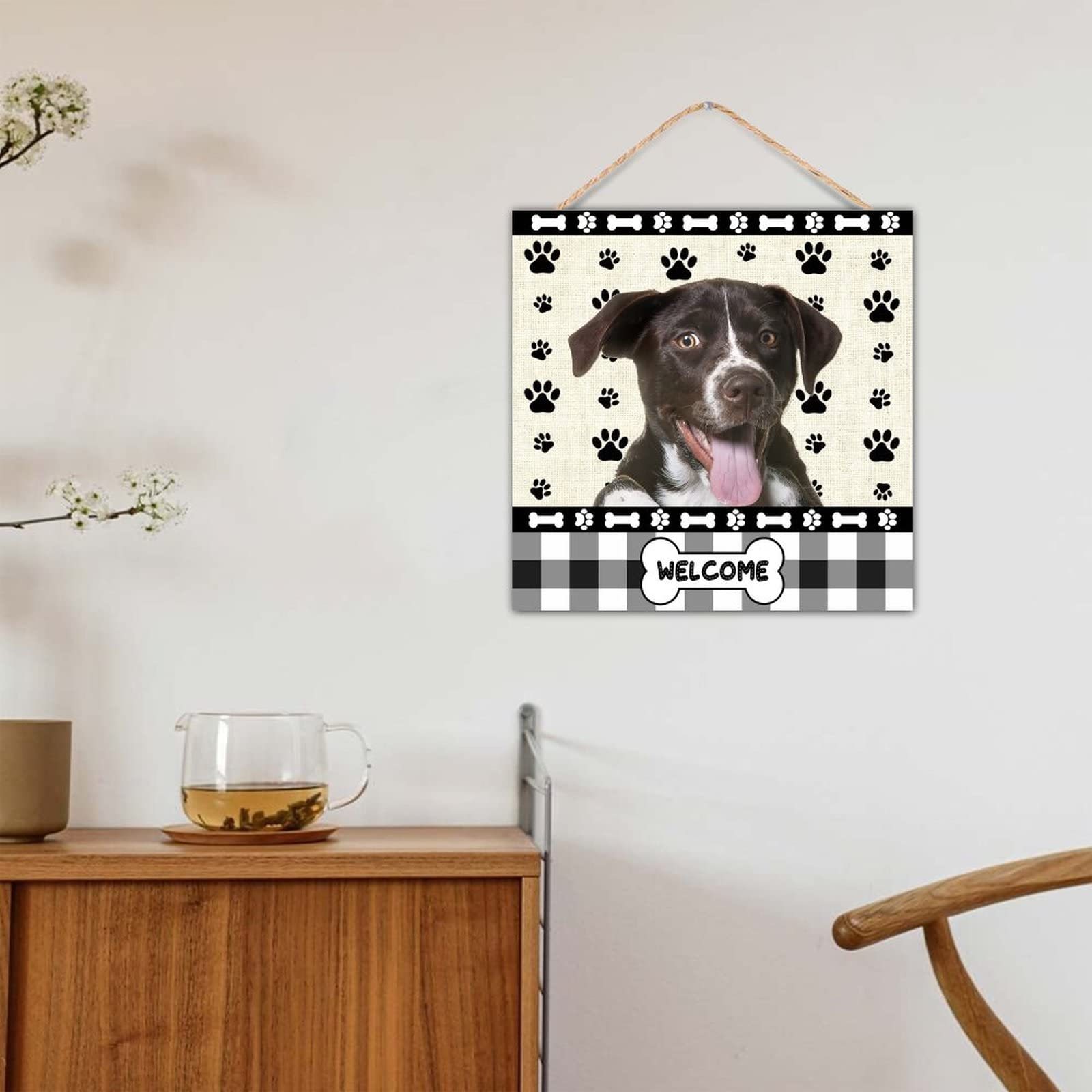 8x8 Inch Rustic Wood Welcome Sign with Dachshund Dog Paw Design - Farmhouse Wall Art Plaque for Door, Kitchen, Dining Room - Handcrafted Wooden Hanging Decor for Home & Office Use