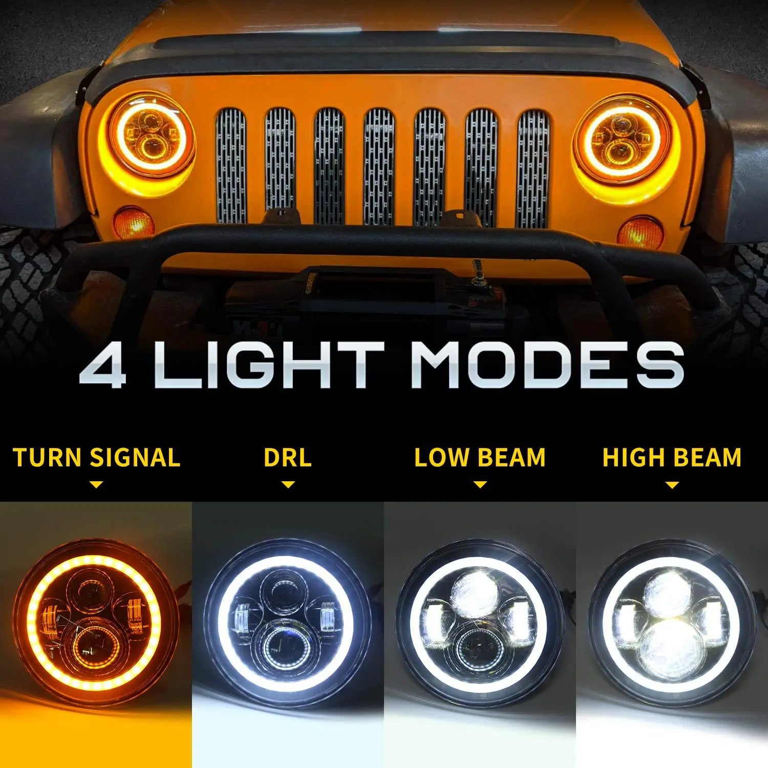 7 Inch Halo LED Headlights + 4 Inch Halo LED Fog Lights + 4D LED Tail Lights Kit for Jeep Wrangler JK (2007-2018) - Off-Road, Night Driving & Adventure Lighting Upgrade