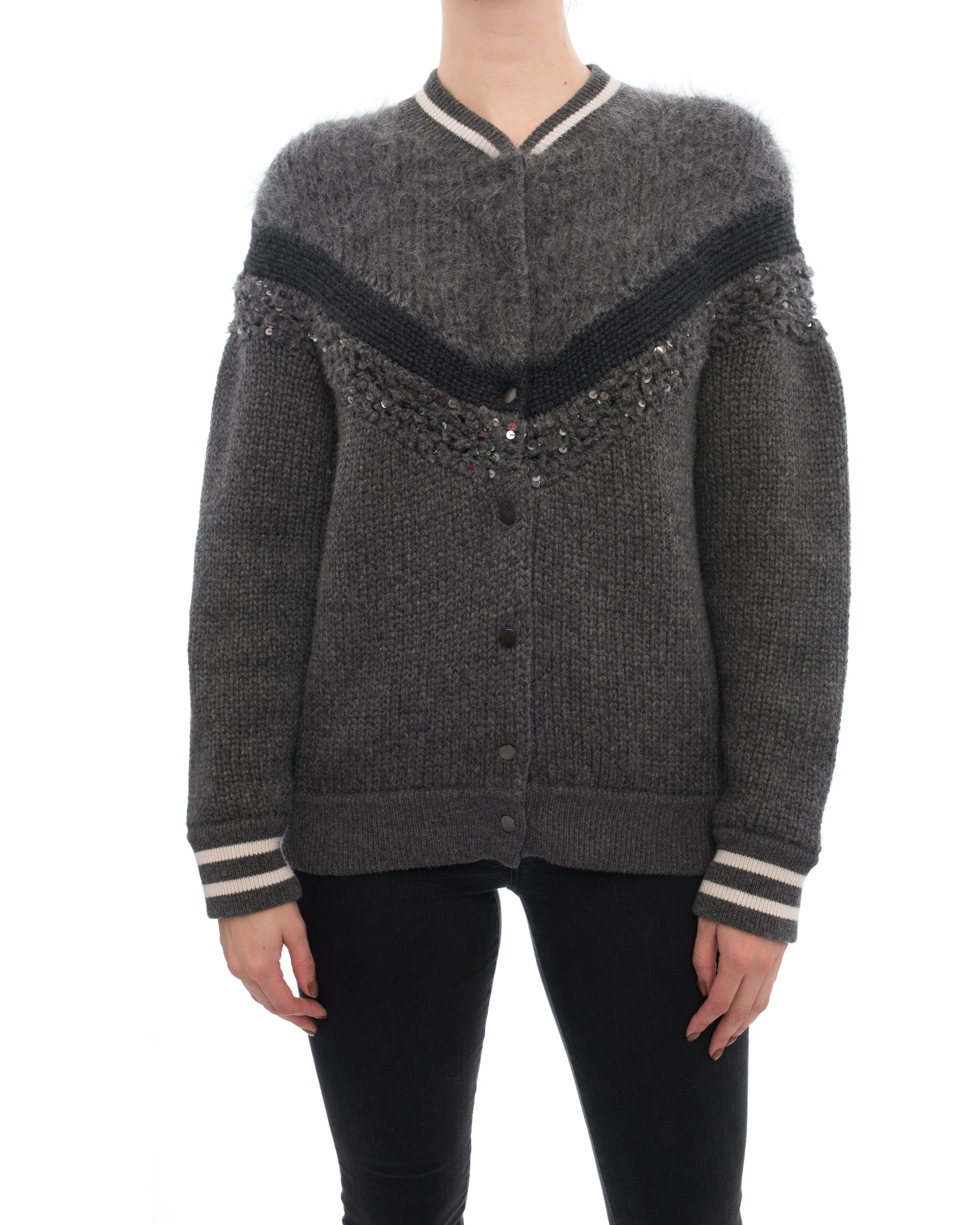 Brunello Cucinelli Grey Chunky Knit Mohair Wool Collegiate Sweater for Men - Cozy Winter Pullover for Casual Outings & Office Wear