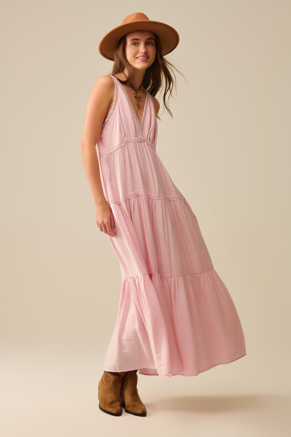 Long Pink Boho Lace Robe for Women - Elegant Floral Lace Trim Maxi Dress for Lounge, Bridal Shower & Beach Cover-Up