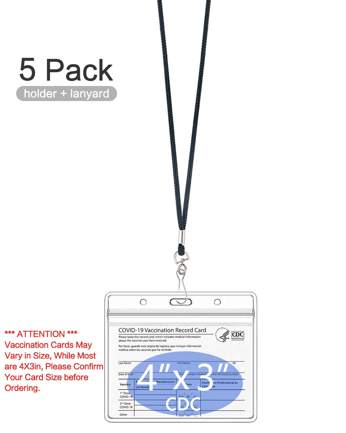 5-Pack Waterproof CDC Card Holder with Lanyard - for Vaccination & ID Protection, Travel & Events