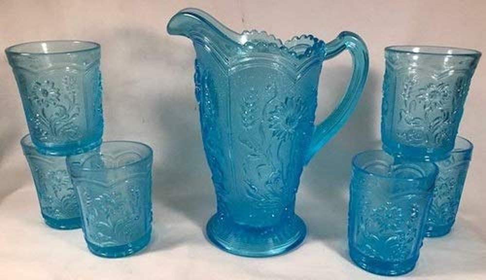 Mosser Glass Water Set with Wild Flower Pattern - Handmade in USA (Spring Blue) - Perfect for Home Decor, Kitchen & Dining Room