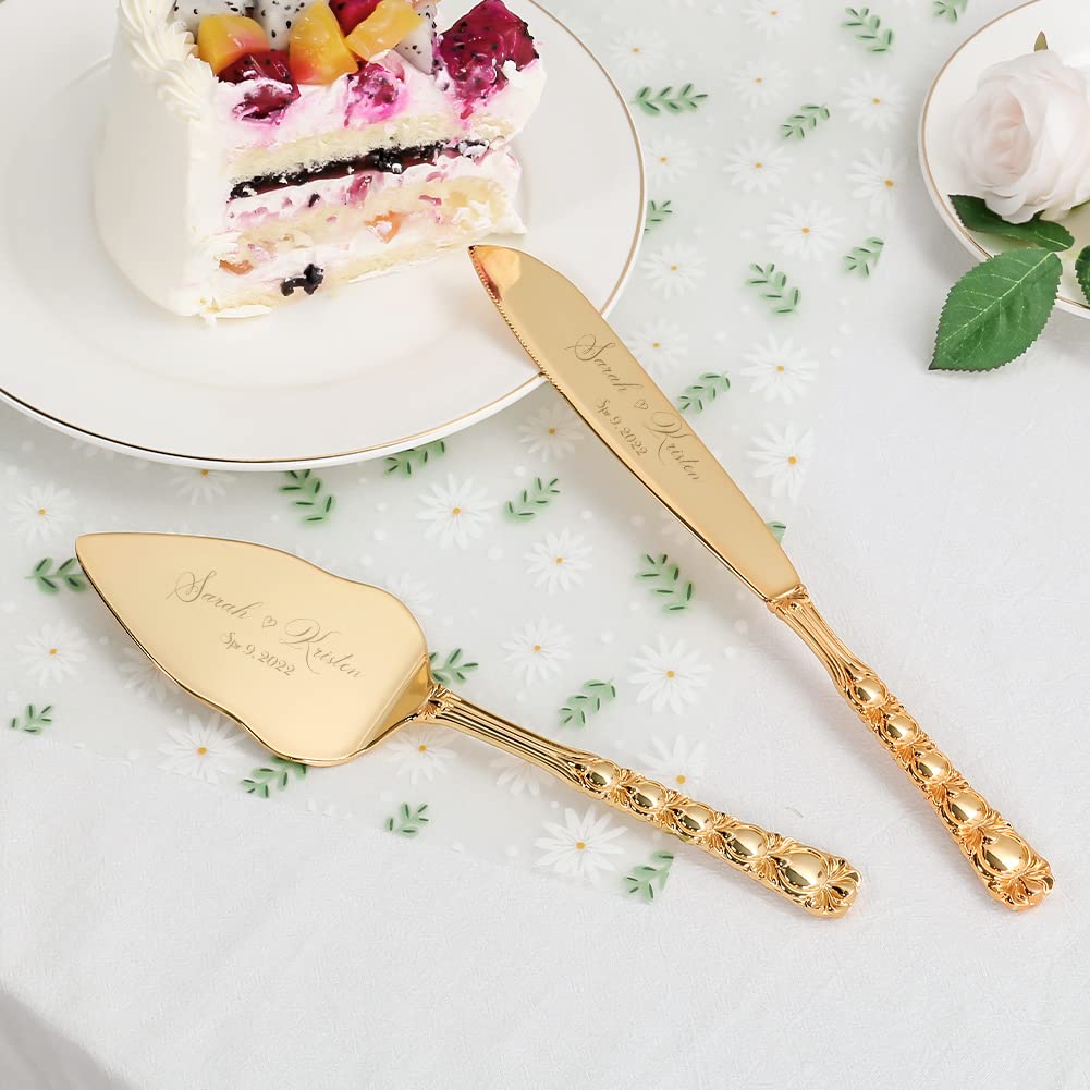 Personalized Gold Cake Knife and Server Set - Wedding Cake Cutting Set, Custom Engraved Pastry Pie Server & Pizza Cutter - Perfect Birthday Gift for Cake Lovers (with Bow) - Ideal for Weddings, Anniversaries, and Special Celebrations