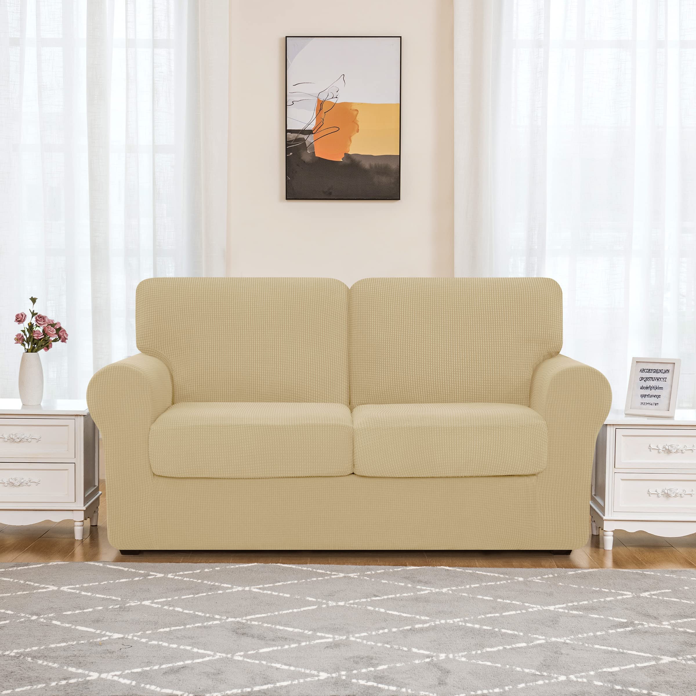 SUBRTEX 5-Piece Loveseat Cover & 7-Piece Sofa Cover Set - Stretchable Couch Slipcovers with Separate Backrest & Cushion Covers - Khaki Living Room Furniture Protector for Medium & Large Couches - Perfect for Home Decor, Pet Protection, and Daily Use