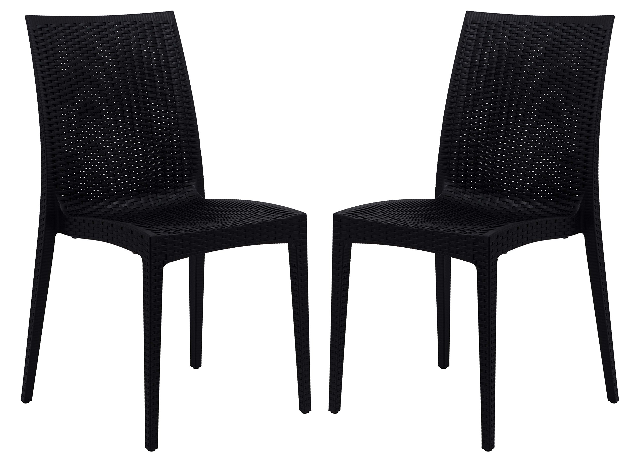 LeisureMod Modern Weave Design Mace Indoor/Outdoor Dining Chairs (Set of 2) - Black - Weather-Resistant Patio Furniture for Backyard, Poolside & Restaurant Use